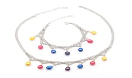 Set di bracciali con collana con pendente di perle di riso d'acqua dolce 78mm Perla ovale di colore tinto montato su collana a catena placcata in argento per donna9889731