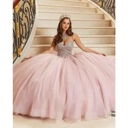 Abito Quinceanera rosa con cinturino per spaghetti con perline di cristallo Abiti da ballo principessa Abiti da festa di compleanno Vestido De 15 Anos