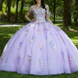 لافندر الأميرة قبالة الكتف فساتين Quinceanera 2024 3D زهور الكرة ثوب الحلو 16 فستان Vestidos de 15 Anos Quinceanera Pagea