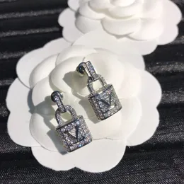 Silver Color Luxury Brand Stud Earrings Full Diamonds Lock Pendant V Letter Brass Earring For Women Lady Wholesale