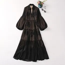 2024 Spring Black Solid Color Brodery Dress Long Sleeve V-Neck Midi Casual Dresses A4J09