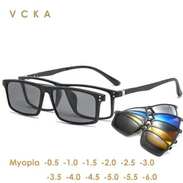 Occhiali da sole Vcka Miopia Occhiali da sole magnetici Uomo 5 in 1 Clip polarizzata su occhiali quadrati da donna Occhiali per visione notturna ultraleggeri da 0,5 a 10