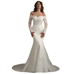 Gorgeous White Tulle Wedding Dress Applique Crystal Beaded Long Sleeve Mermaid Floor Length Bridal Gown Vestidos De Novia 328 328