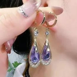 Fashion Trend Unique Design Elegant Exquisite Light Luxury Purple Crystal Drop Shape 14k Yellow Gold Earrings Women Jewelry Party Premium Gift