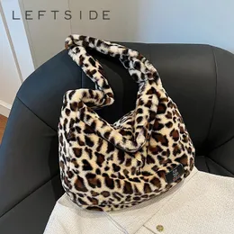 Leftside Leopard 어깨 가방 여성 소프트 크로스 바디 가방 패션 가짜 모피 쇼핑객 쇼핑 숙녀 겨울 핸드백 240111