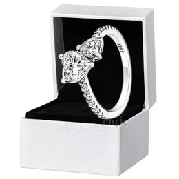 Ny ankomst dubbelhjärta mousserande ring solid 925 silver kvinnor flickvän gåva smycken för pandor älskare cz diamantringar med original setbox
