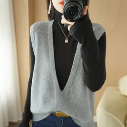 Autumn And Winter Knitted Pullover Vest Loose Big VNeck Fashion AllMatch Solid Color Outer Wear Sexy Regular Women's Sweater 240111