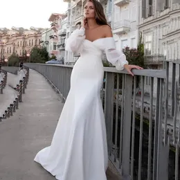 2024 novo vestido de casamento de cetim moderno fora do ombro noiva sereia mangas longas bolha superior organza simples vestidos de noiva novia
