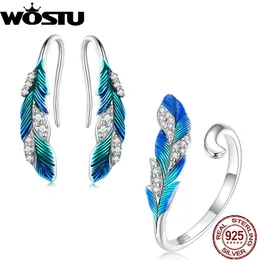 مجموعات Wostu 925 Sterling Silver المينا الأزرق ريشة مفتوحة حلقة Danlge للنساء أقراط الحفلات هدية الزفاف بوهيمية هدية