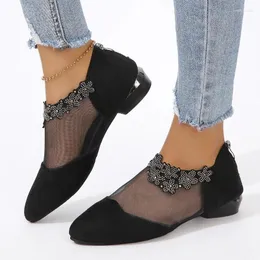 Sandals Women's Retro Rhinestone 2024 Summer Shoes Elegant Flower Square Heel Mesh Light 43