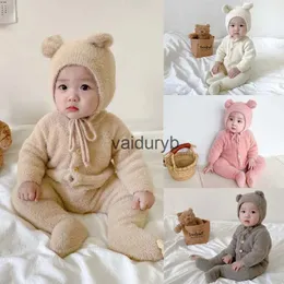 Strampler 2-teiliger Winter-Babyspielanzug mit Mütze aus Kunstpelz mit Füßen für Neugeborene, Overalls für Mädchen und Jungen, Kleidung, weich, warm, Kleinkind-Outfit-Set, Kinderkleidung