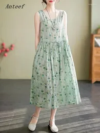 Vestidos casuais Anteef sem mangas algodão vintage floral para mulheres soltas longo vestido de verão roupas elegantes 2024