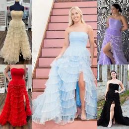 Strapless Formal Party Dress 2k24 Ruffle Beaded Skirt Slit Lady Pageant Junior Senior Girl Prom Evening Event Special Hoco Gala Cocktail Red Carpet Gown Photoshoot