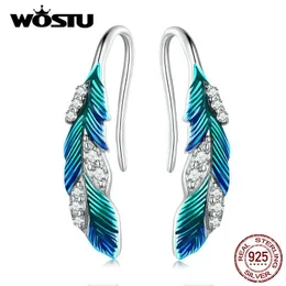 أقراط Wostu 925 Sterling Silver M0 ريشة زرقاء Danlge للنساء الأقراط المبهرة CZ الطويل الحزب الهدية البوهيمية المجوهرات