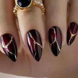 偽の爪24pcs y2kクールな爪のヒントins ins gold foil retro red fake mails manicure set armond false nail patch for girl wearable zln240111