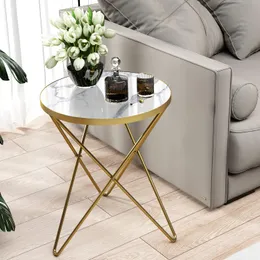 HLR Modernt runda sidobord, slutbord med marmoreffekt topp och guldmetallram, litet sidobord för vardagsrum, sovrum, soffa och soffa, guldben, vit marmor topp