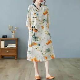 Dresses 2023 New Arrival Short Sleeve Loose Summer Dress Print Floral Thin Soft Ramie Vintage Chinese Style Dress Women Casual Dress