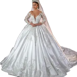 Beyaz Derin V-Neck Dantel Saten Uzun Kollu Düğün Topu Elbise Sequin İnci Boncuklu Zemin Uzunluk Tren Noble Lady Bridal Gown 328 328