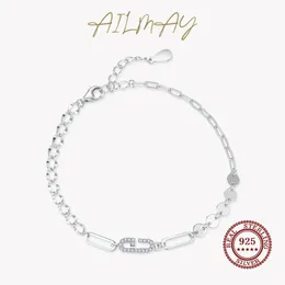 Bangles Ailmay Real 925 Sterling Silver Moda Zircônia Cadeia Geométrica Carta Link Bloqueio Pulseira Para Mulheres Casamento Feminino Fine Jewelry