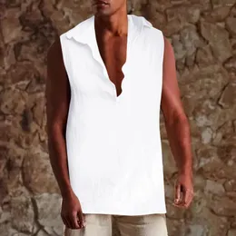Regatas masculinas moda verão algodão linho casual sem mangas botão solto com decote em v bolso camisetas masculino streetwear