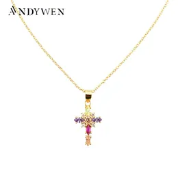 ネックレスAndywen 925 Sterling Silver Gold Rainbow CZ Ovals Cross Pendant Long Chain Necklace 2021 Fine Jewelry Crystal Luxury Accessorie