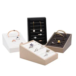 Anéis de couro brincos bandeja caixa armazenamento jóias pulseira organizador caso para lojas bancada alta qualidade 240110