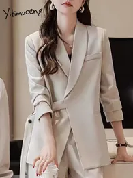 Yitimuceng Beige Solid Women Suits Sets Office Sets Act Town Down Twlar Button Lace Up Blazer Ladies Casual Pant 240110