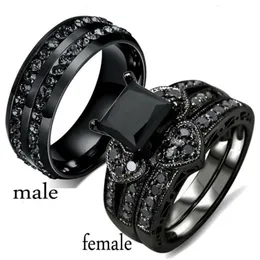 Moda Para Pierścienie Kobiety Czarne serce kryształowe pierścienie CZ Zestaw dwóch rzędów męskich czarnych CZ Stone Stone Stal Pierścień ślubna 240110