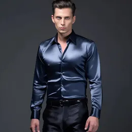 Mens Satin Silk Dress Shirt Long Sleeve Slim Business Formal Casual Tops Classic 240111