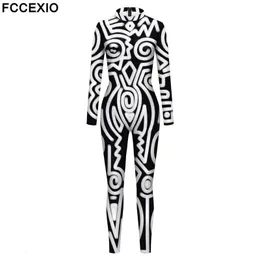 FCCEXIO هندسة طباعة العطلة الحفلات bodysuit نساء بذلة بذلة الكرنفال تمتد ارتداء ملابس غير رسمية زي cosplay بذلة مثير 240110