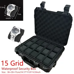La cassa per orologi in plastica portatile impermeabile a 15 slot viene utilizzata per riporre la cassetta degli attrezzi per orologi 240110