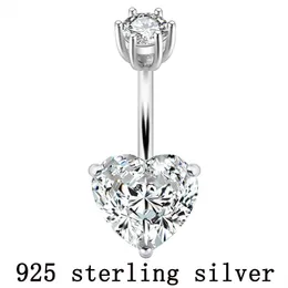 Jóias 925 prata pura umbigo anel real genuíno prata umbigo anel corpo piercing jóias coração pedra zircão pino comprimento 6 8 10 mm