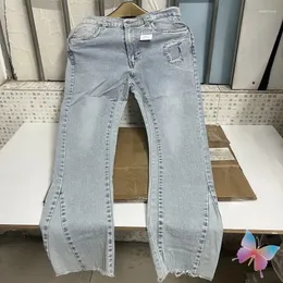 Men's Pants Real Pos Askyurself Jeasn Blue Washed Hole Straight Splicing Cuffs Denim Trousers High Street Casual Men Women ASK