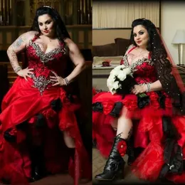 Vermelho e preto gótico vestidos de baile cristais frisado rendas apliques feitos à mão flores alta baixa uma linha vestidos de ocasião especial plus size vintage vestido de máscaras para mulheres