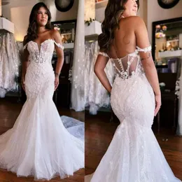 Fulllace Off Shoulder Mermaid Bride Illusion Ivory Bridal For Black Women Girls Tulle Marriage Dress Simple Style Beach Wedding Gowns D068 407