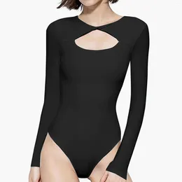 Shapers femininos simples tops para mulheres manga longa em torno do pescoço magro shapewear oco esportes yoga onesie forma trainer faja modeladora para