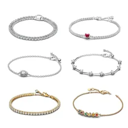 New Winter Christmas Timeless Pave Chain Bracelet 925 Silver High Quality Original Red Sparkling Heart Tennis Pear Halo Bracelet