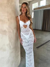 Casual Dresses Townlike White Lace Slim Bodycon Dress Women Spaghetti Strap 2024 Summer Maxi Long Backless Nightclub Sexy Party