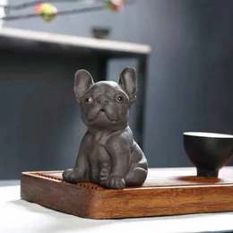 Yixing Boutique Purple Clay Tea Pet Pet French Bulldog Figurine家庭用飾り手作り彫刻クラフト茶道式装飾240110