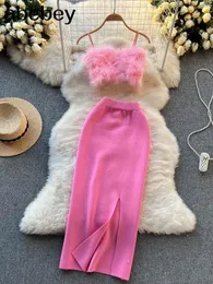Pink Women Knit Two Piece Set Camis Sexig Short Top Elastic midja Split Long kjol Fashion Solid Suits 240111