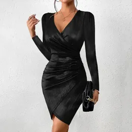 Casual Dresses Long Sleeve Sexy Bodycon Mini Dress Women Solid Color Wrap V Neck Pleated Ruched Elegant Ladies Party Club Wear Robe