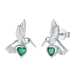 Örhängen kolibri Studörhängen 925 Sterling Silver Green Love Heart Cubic Zirconia Animal Jewelry Birthday Gift for Women Girls