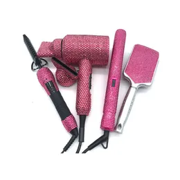 Haarstyling-Geräte, 4-teiliges Stylisten-Heizplatten-Haarglätter-Kamm-Fön-Set mit Bling-Strasssteinen 240111