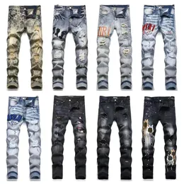 Amirs jeans designer mens jeans lila märke jeans europeiska och amerikanska gatan trendiga mens smala fit elastiska lapp broderade hål täta ben jeans