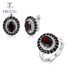 Set TBJ, anello e orecchini in argento sterling 925 con pietra preziosa granato nero naturale di nuovo stile, set di gioielli per le donne, feste, uso quotidiano