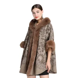 Em imitação de pele de coelho com capuz poncho para mulheres vintage solto casual capas feminino tweed cardigan xale casaco s 240110