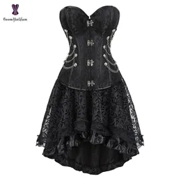 Dresses Steampunk Corset Dress Set Women Victorian Black Burlesque Corset with High Low Skirt