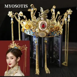 Traditionell kinesisk krona för brudbröllop hårtillbehör Rhinestone pärlor tiaras örhängen xiuhe huvudbonad brud smycken 240110