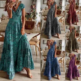 Grundläggande avslappnade klänningar kvinnor vintage långa klänningar 2023 sommar blommig tryck bohemisk strand sundress kvinnlig casual v hals stor sväng maxi klänningar vestidos t240110