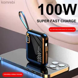 Банки питания для сотовых телефонов 30000 мАч Power Bank PD100w Мини-встроенная линия Powerbank Съемный USB-кабель Typec Двустороннее быстрое зарядное устройство для Iphone SamsungL240111